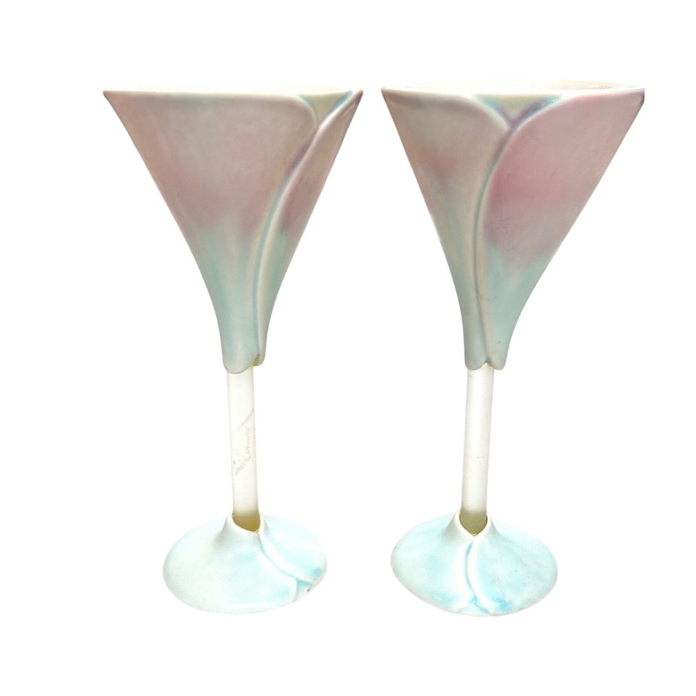 Newman Ceramic Works Salem Signed Pastel Studio Pottery Flutes Vases Set of 2‎